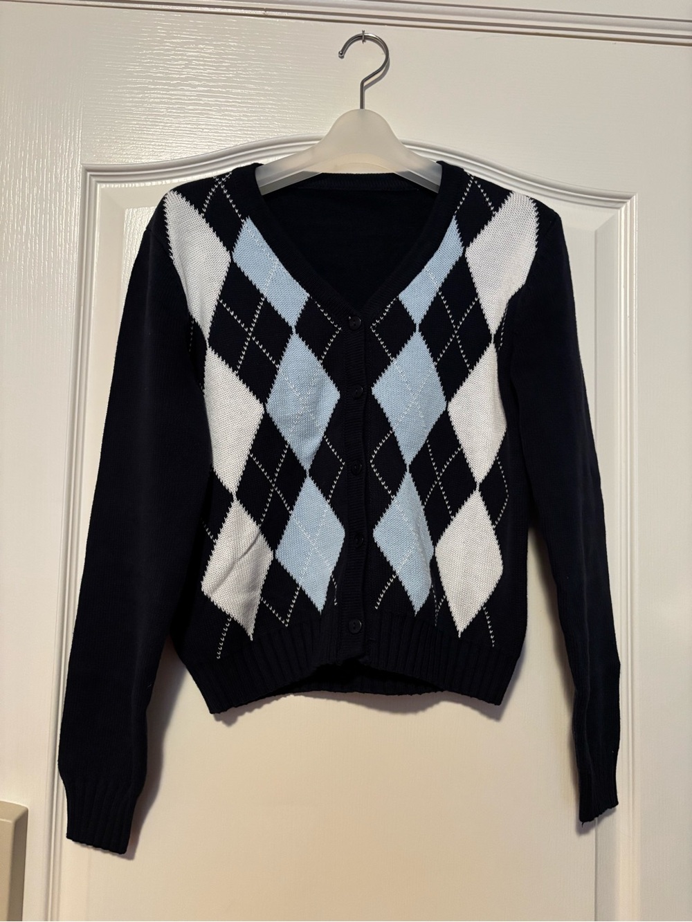 Classic Navy Argyle Button-Front Sweater